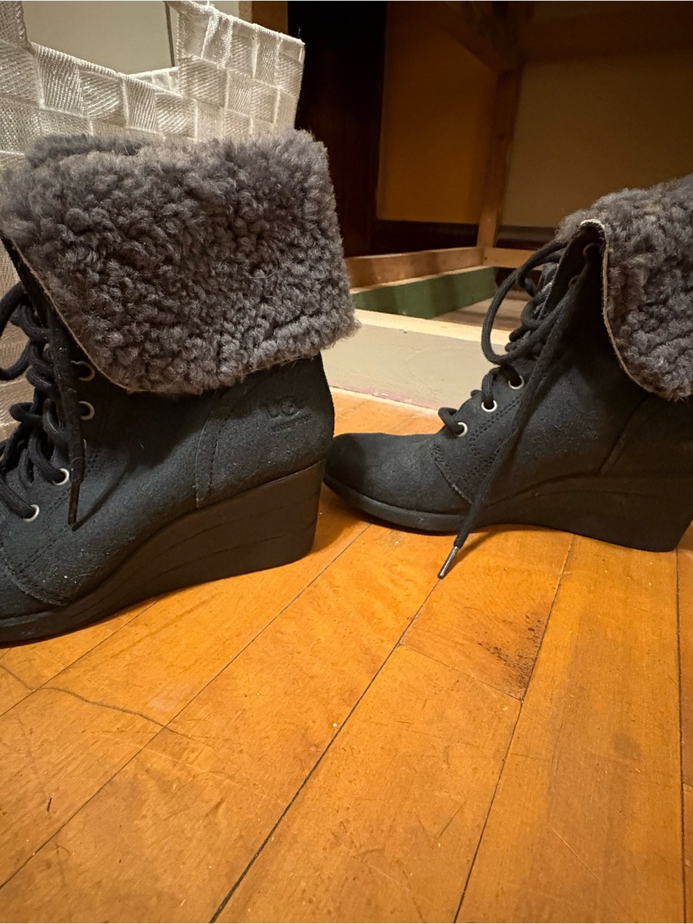 UGG Black Suede Wedge Lace-Up Ankle Boots with Gray Shearling Cuff